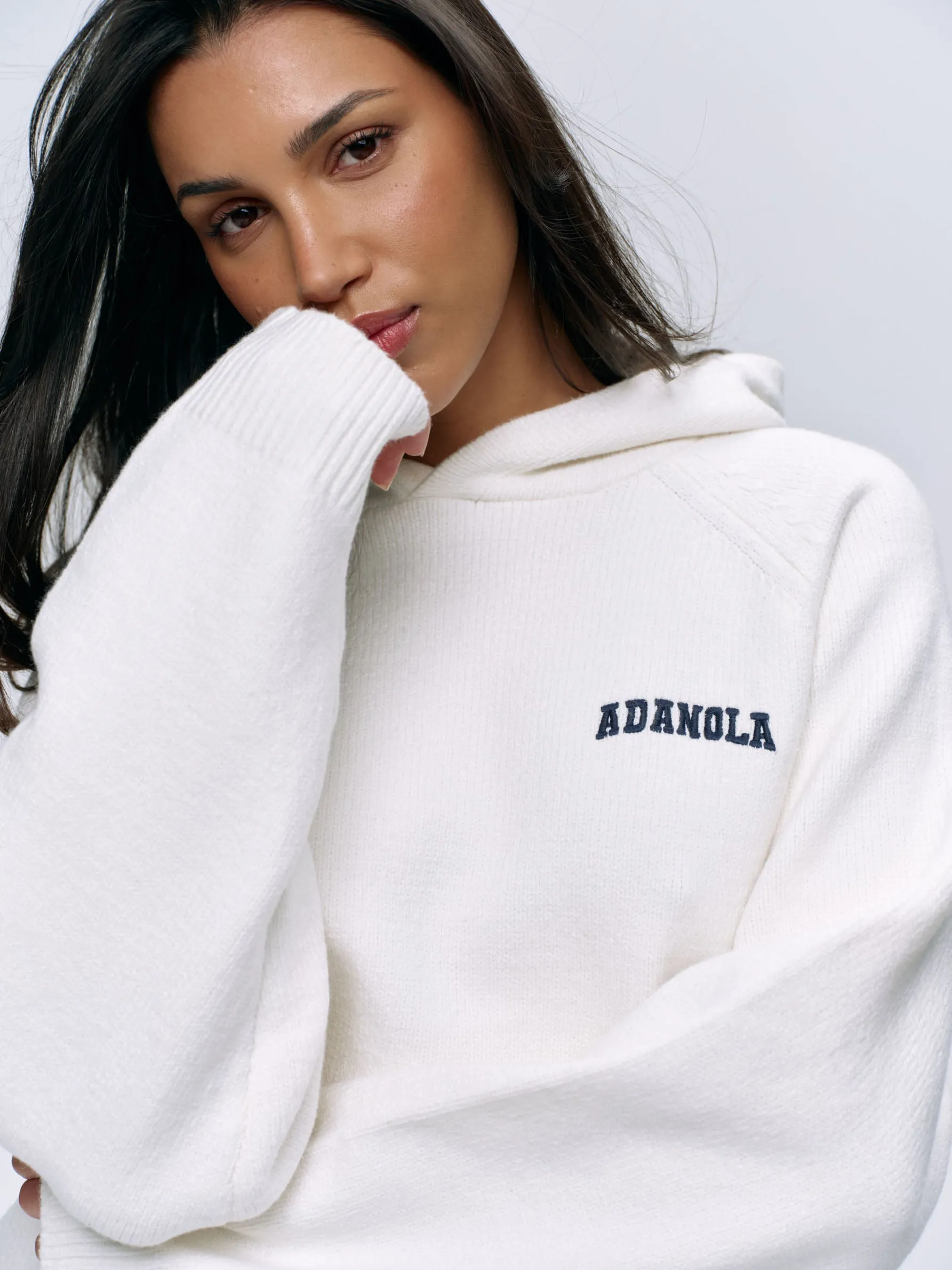 Varsity Oversized Knit Hoodie - Cream/Navy Blue