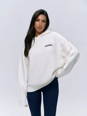 Varsity Oversized Knit Hoodie - Cream/Navy Blue