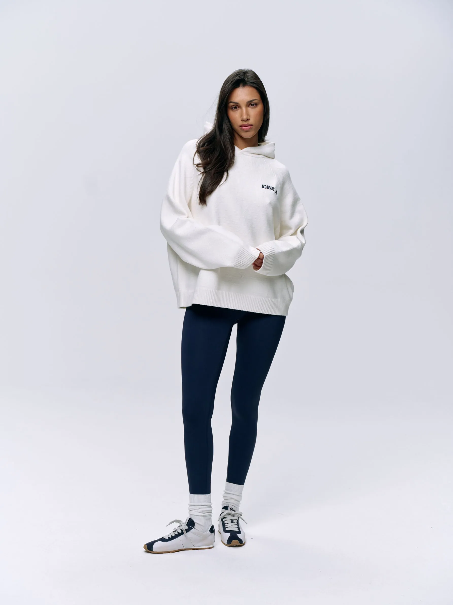 Varsity Oversized Knit Hoodie - Cream/Navy Blue