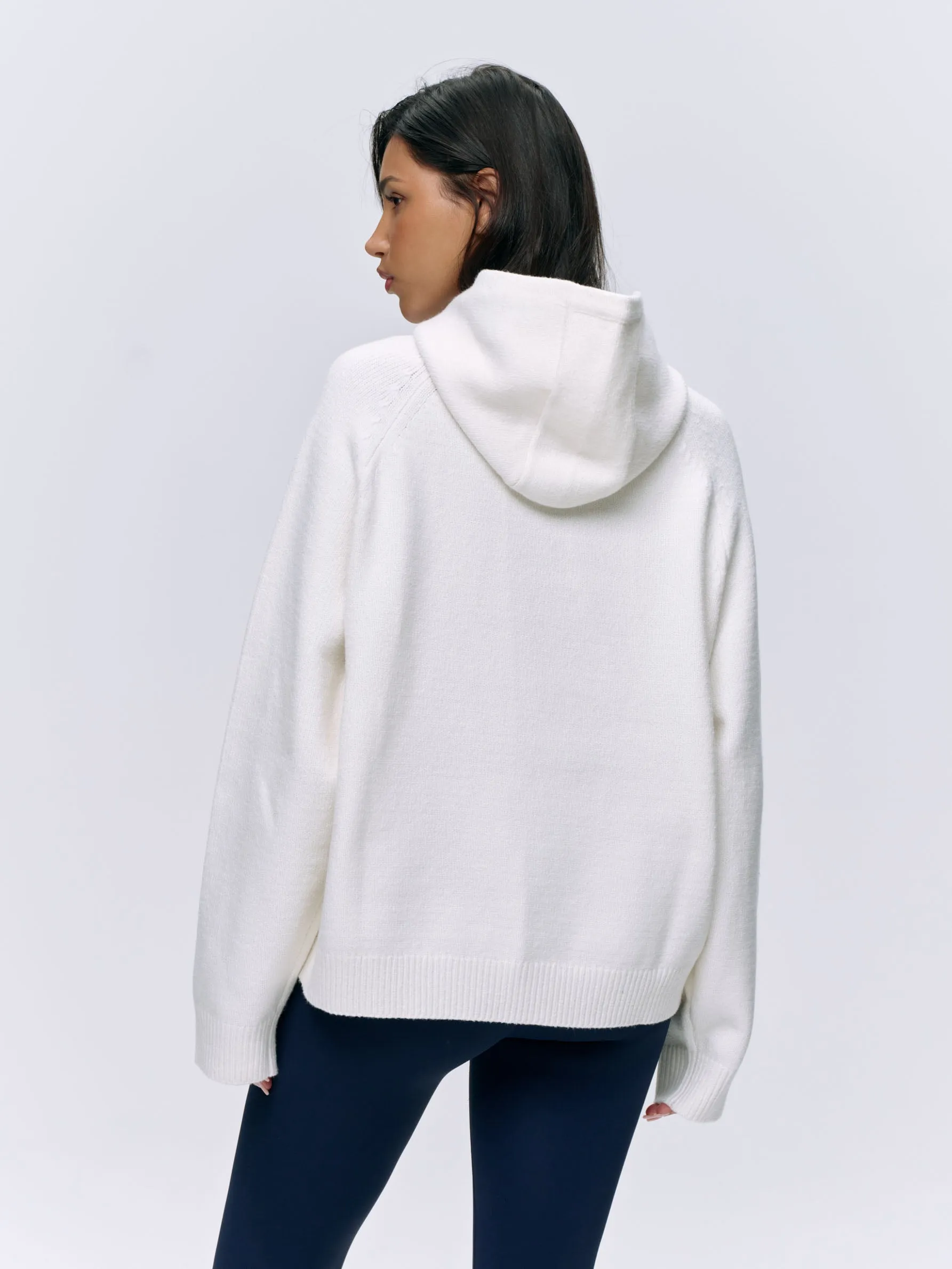 Varsity Oversized Knit Hoodie - Cream/Navy Blue