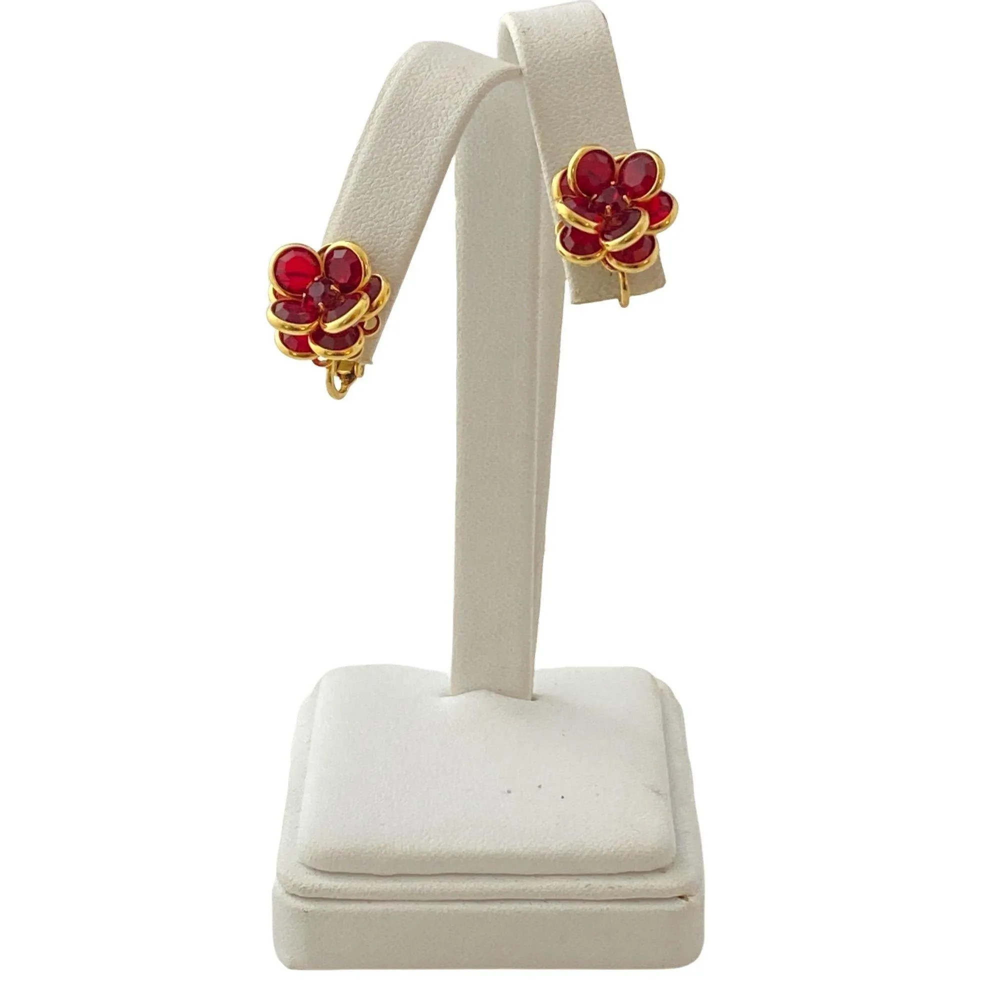 Vintage Red Bezel Set Crystal Flower Earrings