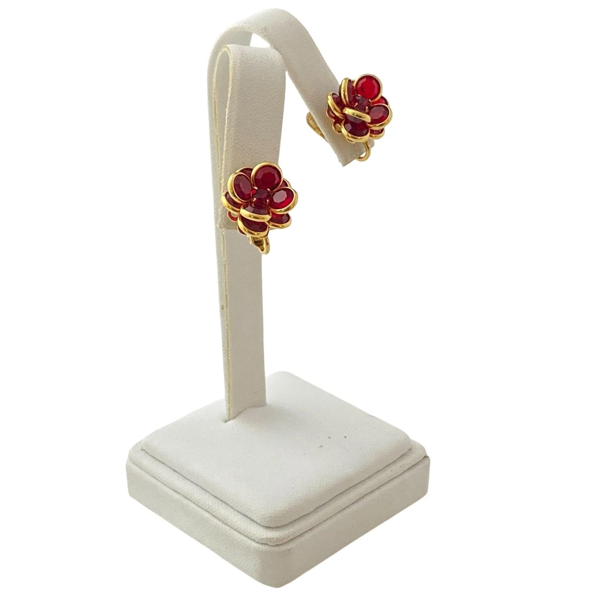 Vintage Red Bezel Set Crystal Flower Earrings