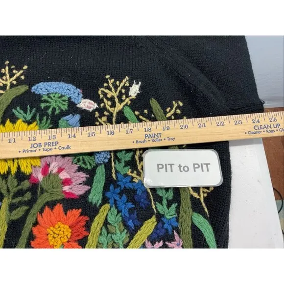 VTG French Connection Women size L Floral Embroidered 100% Wool Boho Artsy Black