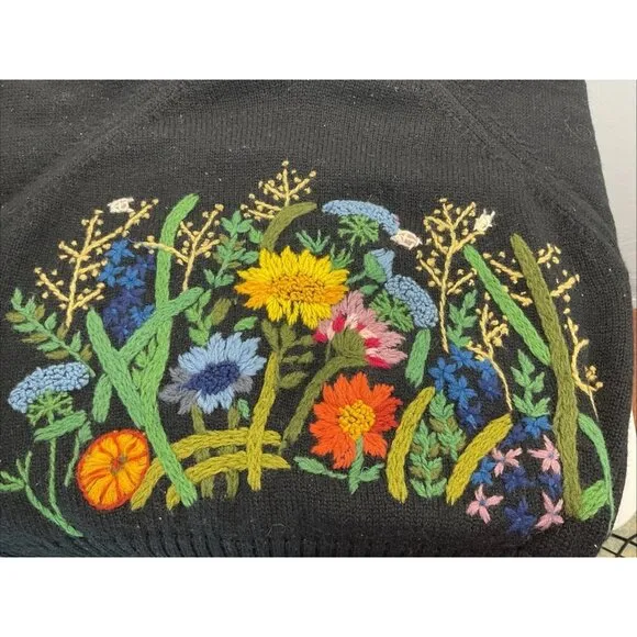 VTG French Connection Women size L Floral Embroidered 100% Wool Boho Artsy Black