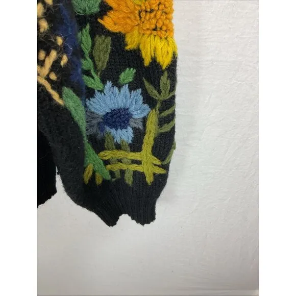VTG French Connection Women size L Floral Embroidered 100% Wool Boho Artsy Black