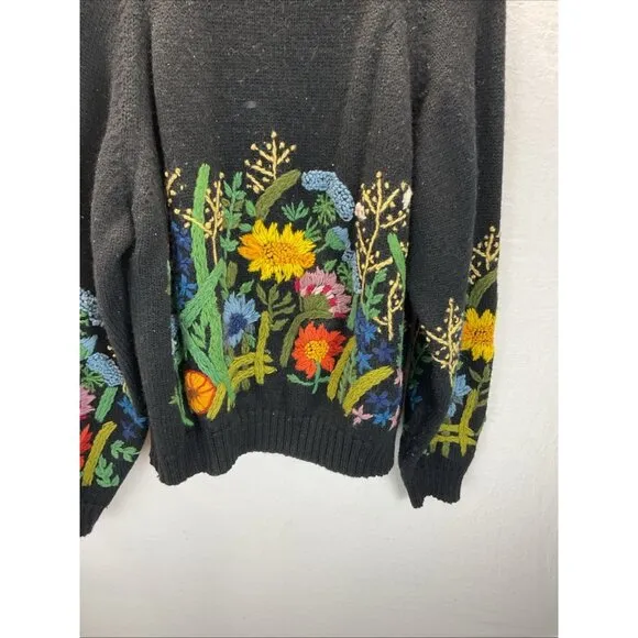 VTG French Connection Women size L Floral Embroidered 100% Wool Boho Artsy Black