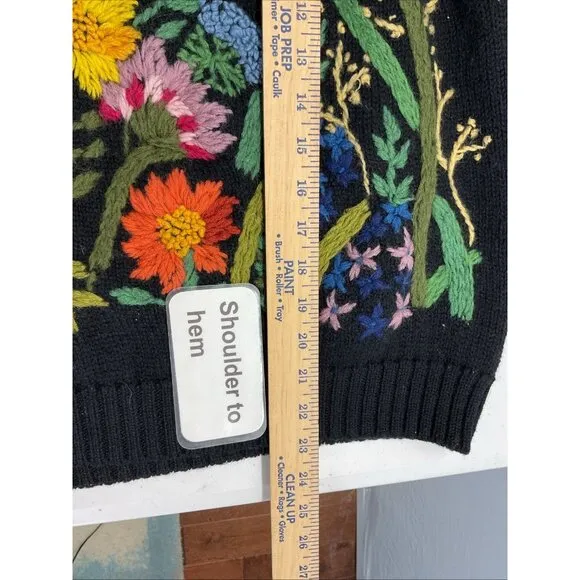 VTG French Connection Women size L Floral Embroidered 100% Wool Boho Artsy Black