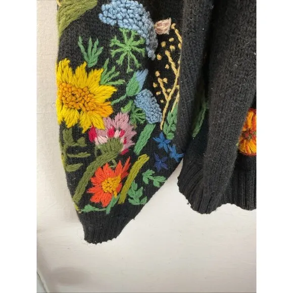 VTG French Connection Women size L Floral Embroidered 100% Wool Boho Artsy Black