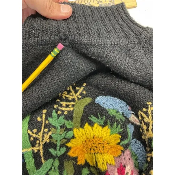 VTG French Connection Women size L Floral Embroidered 100% Wool Boho Artsy Black