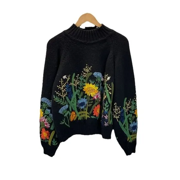 VTG French Connection Women size L Floral Embroidered 100% Wool Boho Artsy Black