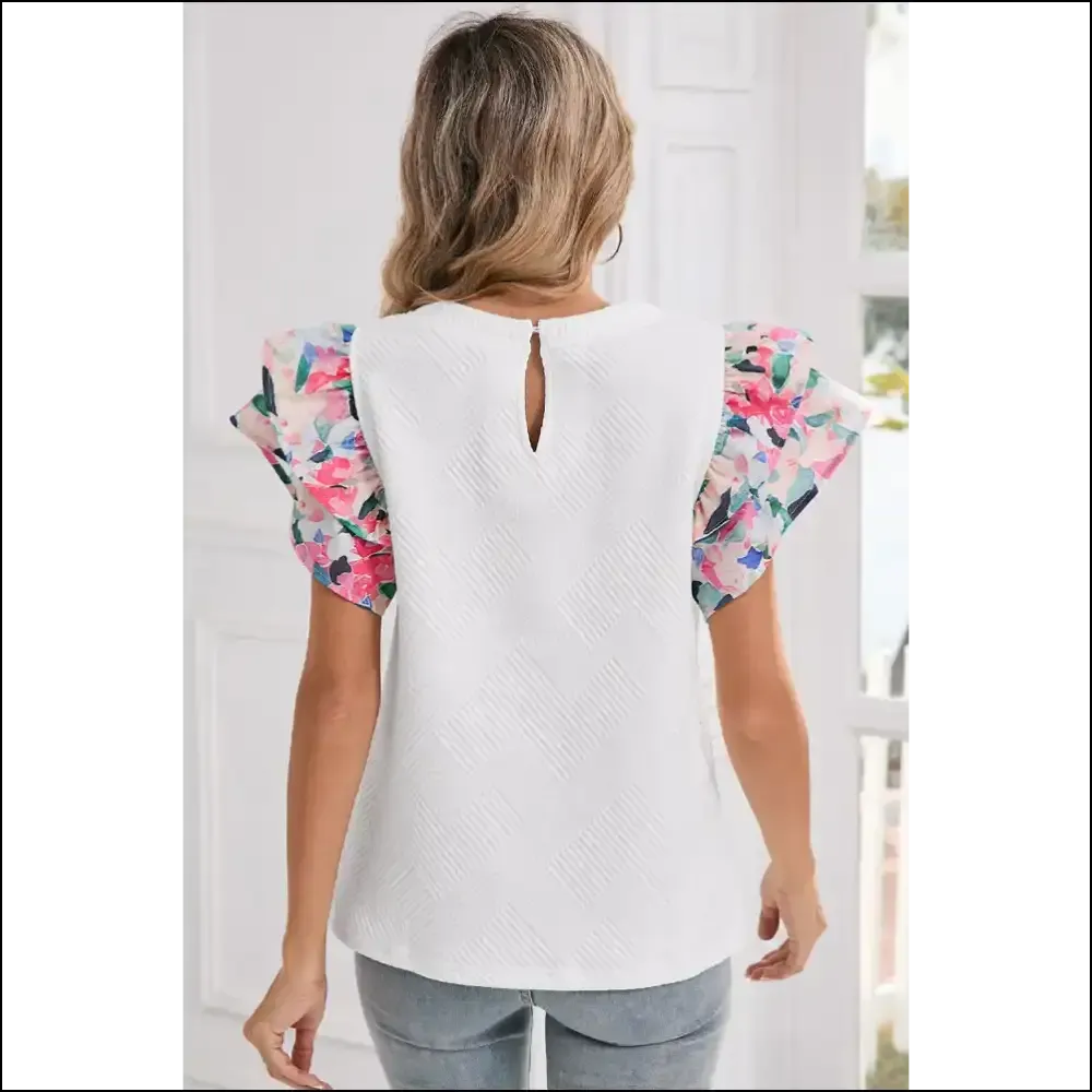 White Abstract Print Ruffle Top Confidence Booster
