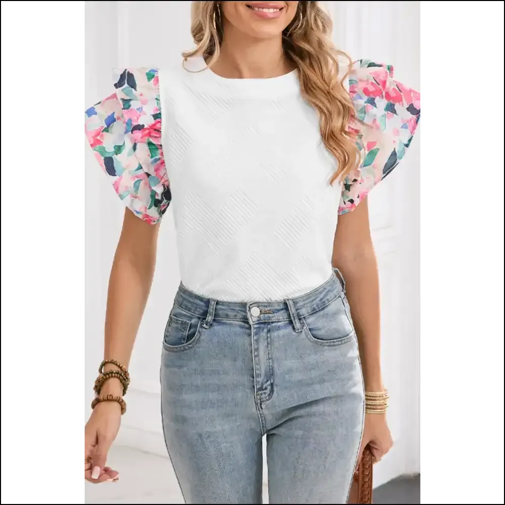 White Abstract Print Ruffle Top Confidence Booster
