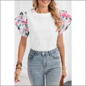White Abstract Print Ruffle Top Confidence Booster