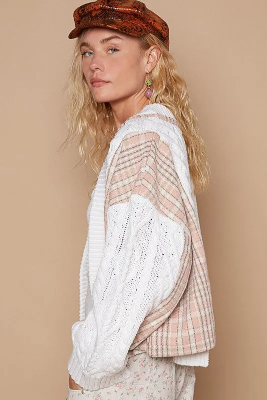 White Cable-Knit Plaid V-Neck Button Up Cardigan
