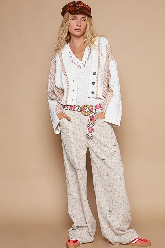 White Cable-Knit Plaid V-Neck Button Up Cardigan