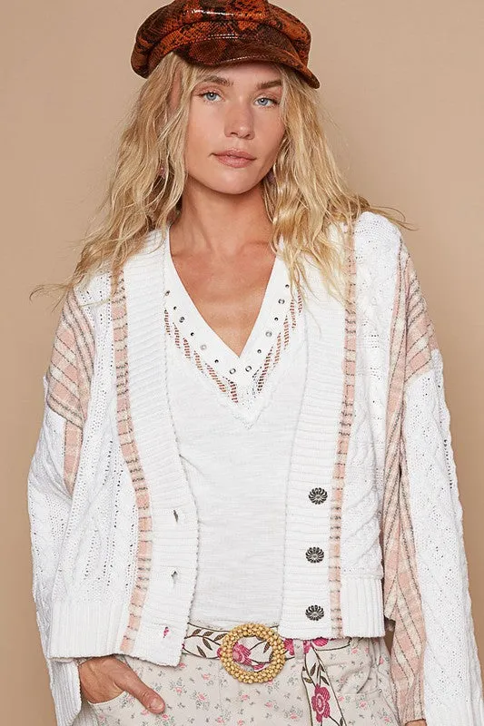 White Cable-Knit Plaid V-Neck Button Up Cardigan