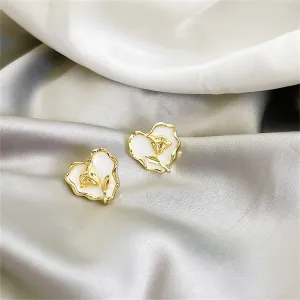 White Enamel & 18K Gold-Plated Rose Heart Stud Earrings