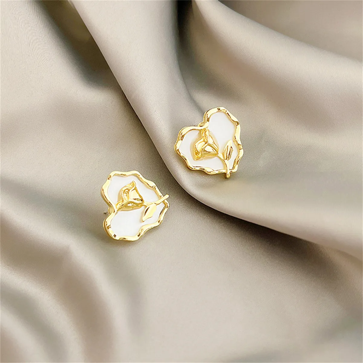White Enamel & 18K Gold-Plated Rose Heart Stud Earrings