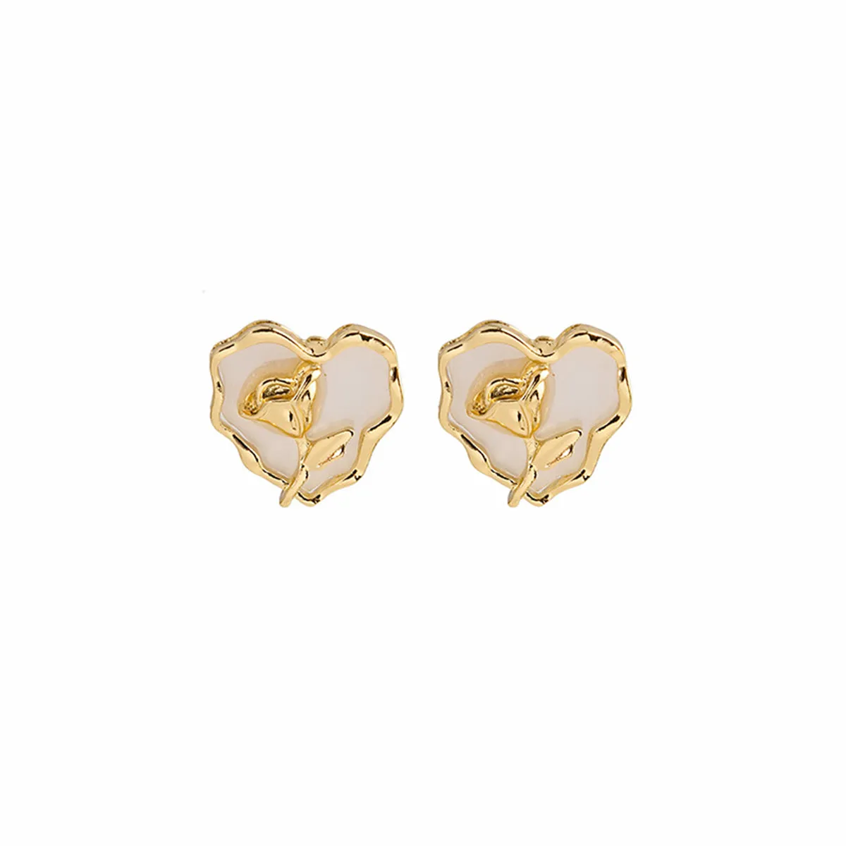 White Enamel & 18K Gold-Plated Rose Heart Stud Earrings