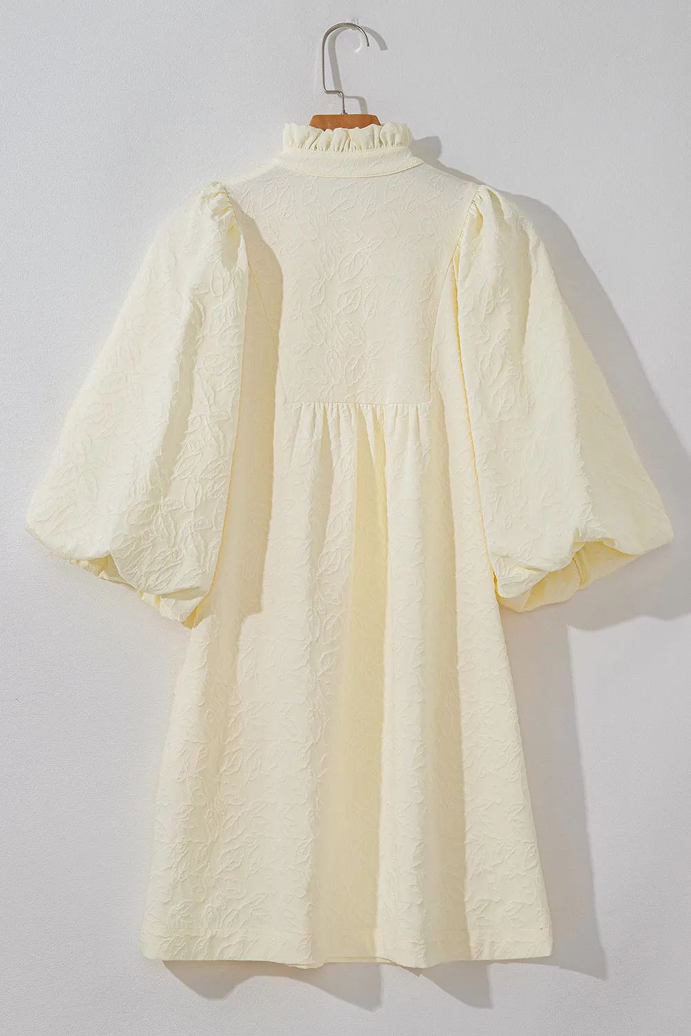 White Floral Textured Bubble Sleeve Frilled Notched Neck Dress