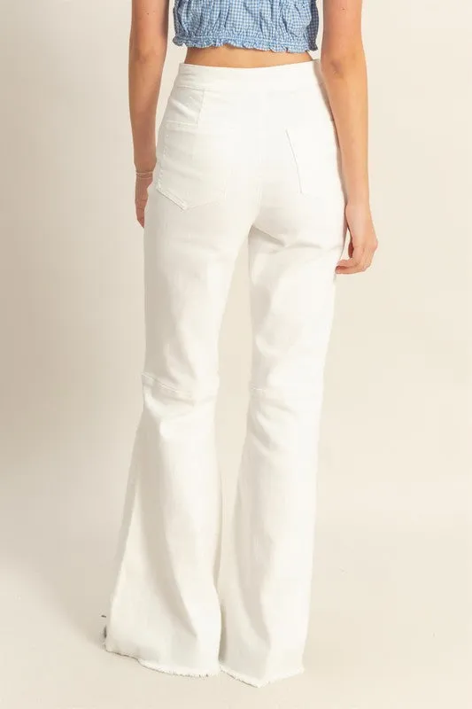 White Raw Hem High-Waist Washed Flared Jeans