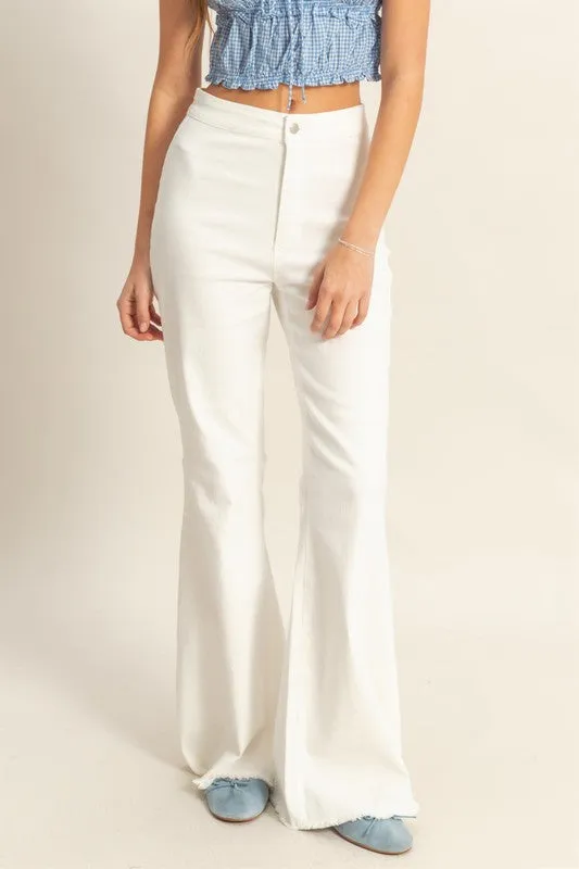 White Raw Hem High-Waist Washed Flared Jeans