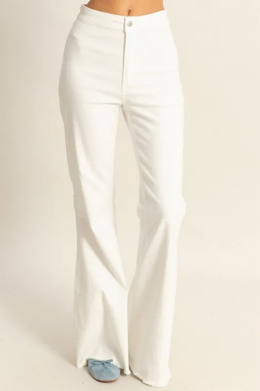 White Raw Hem High-Waist Washed Flared Jeans