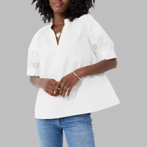 White Solid Color Ruched Bubble Sleeve V Neck Shirt