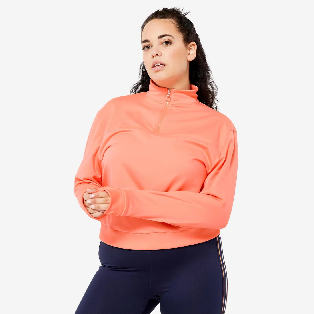 Women's Quarter-Zip Long-Sleeved Cardio Fitness Sweatshirt - Coral