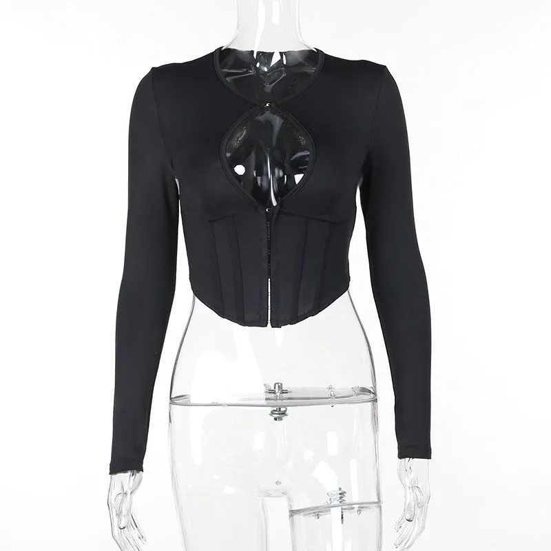 WY23125Autumn New European and American Style Fashionable Elegant Hot Girl Hollow Sexy Buckle Waist-Tied Long-Sleeved Top for Women