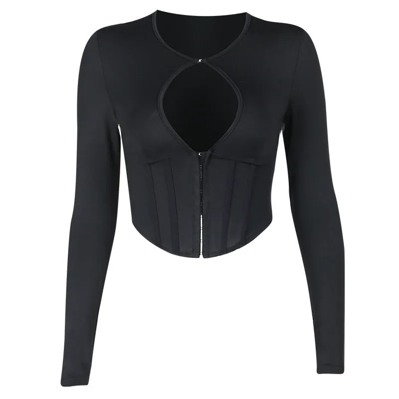 WY23125Autumn New European and American Style Fashionable Elegant Hot Girl Hollow Sexy Buckle Waist-Tied Long-Sleeved Top for Women
