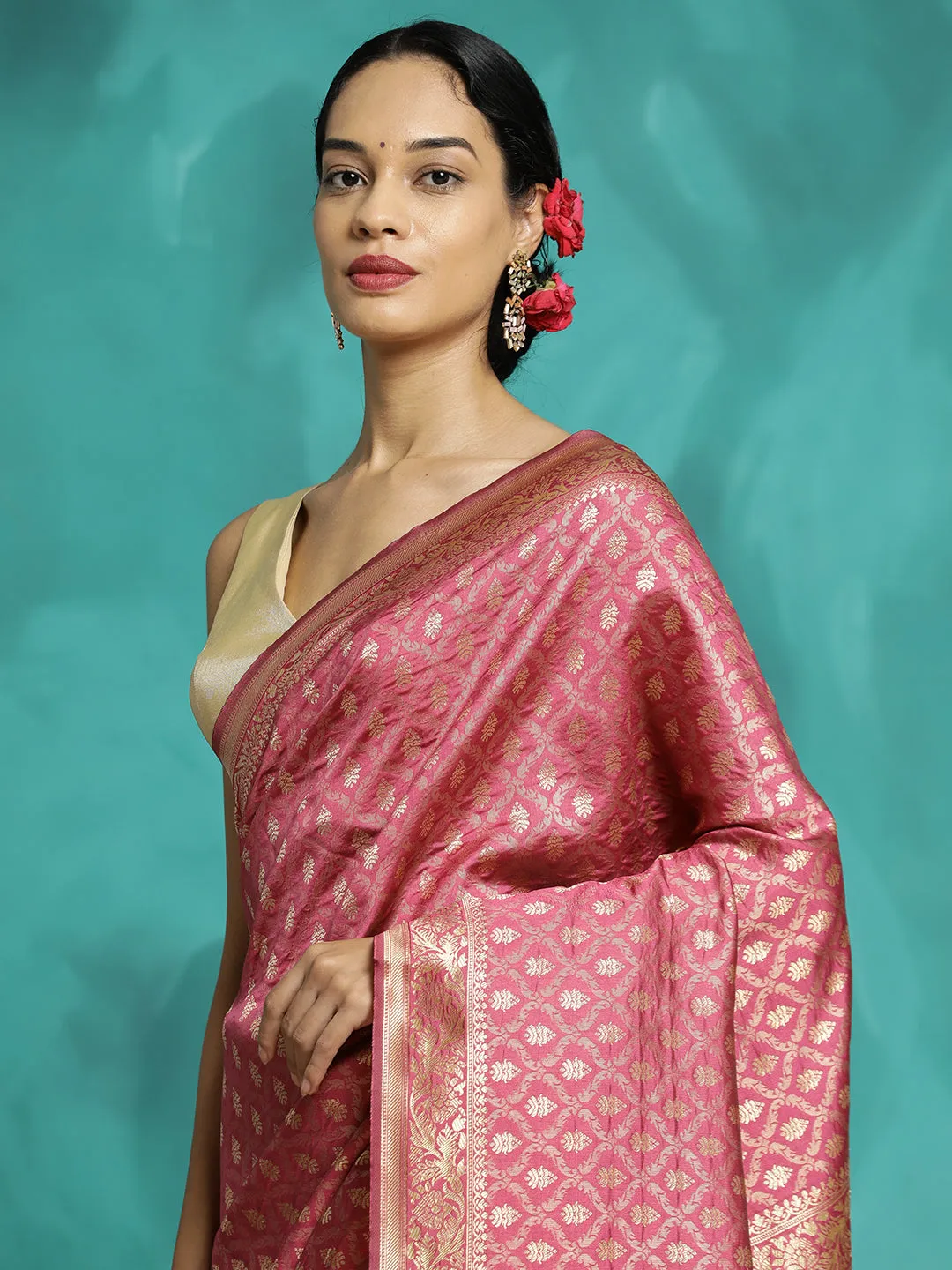 Zari Woven Design Heavy Banarasi Pink Saree