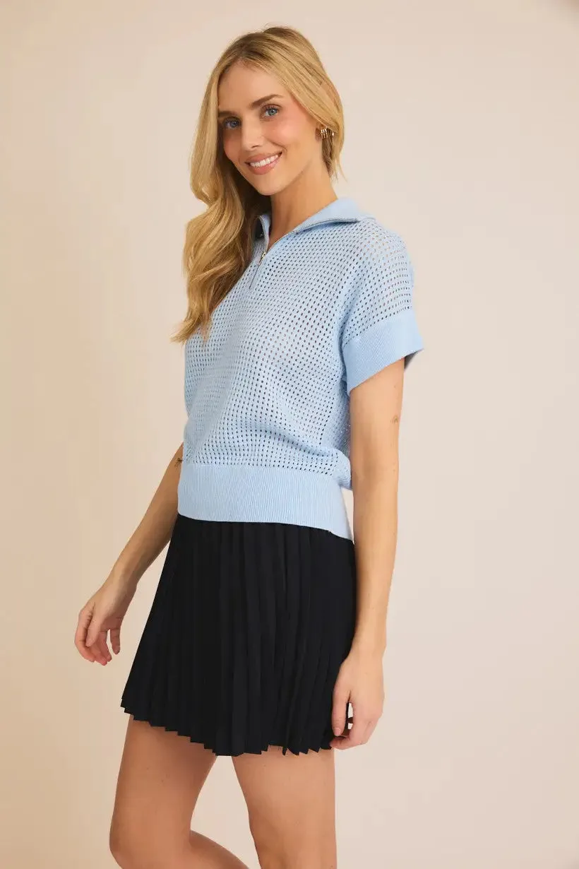 ZIP UP SHORT SLEEVE SWEATER TOP